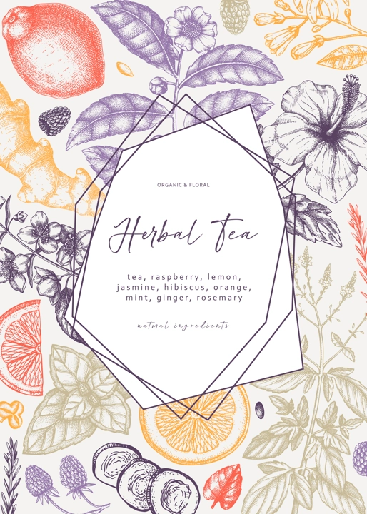 Trendy vector design with hand sketched herbal tea ingredients. Colorful herbs, leaves, flowers, fruits hand drawings background. Perfect for recipe, menu, label, packaging. Botanical illustration. 
